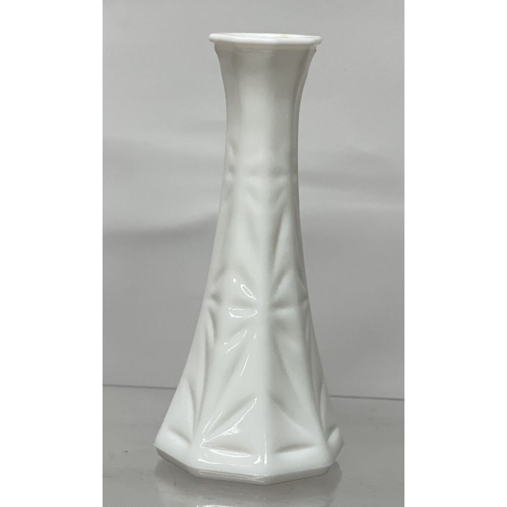 Vintage White Milk Glass Vase Hoosier‎ 9" Geometric Hex Base Mid Century Mod